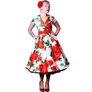 Pinup Couture Rose Print Midi Swing Vintage Dress Small- needs repair